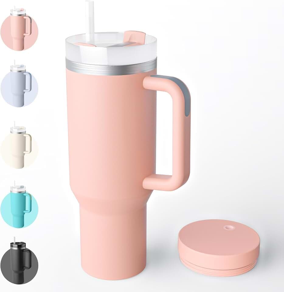 Bailkind 1182mL 40oz Thermobecher Autobecher Spritzfestem, Kaffeebecher to go Edelstahl Vakuum Isolierbecher mit 2 Strohhalm 2 dicht Deckel und Reinigungsbürste, BPA-Frei, Spülmaschinenfest-Rose