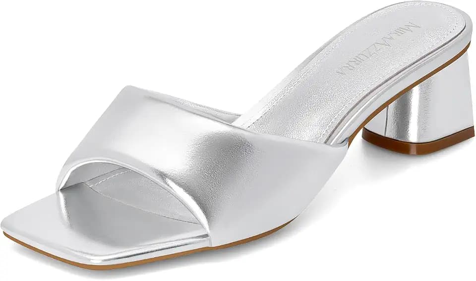 MIRAAZZURRA Silver Women Heeled Mules Square Open Toe Chunky Block Heel Slip on Heeled Sandals Casual Dress Slide Shoes Size 7.5