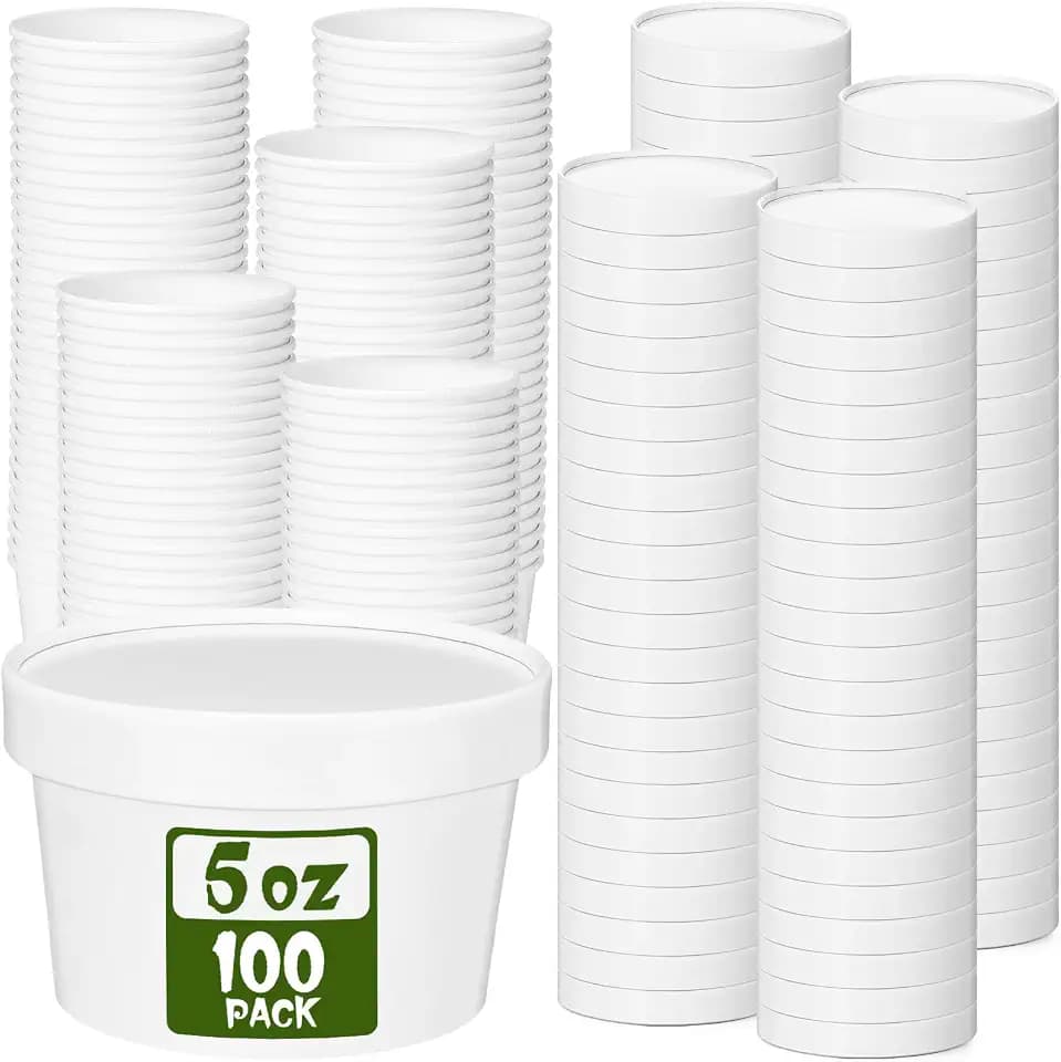 Fulmoon 5 oz 100 Pack Paper Containers with Lids Soup Bowl Cup, White