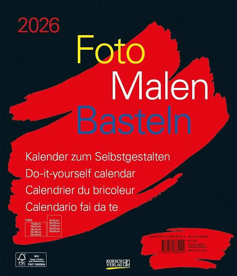 Foto-Malen-Basteln Bastelkalender schwarz groß 2026: Fotokalender zum Selbstgestalten. Do-it-yourself Kalender mit festem Fotokarton. Format: 30 x 35 cm