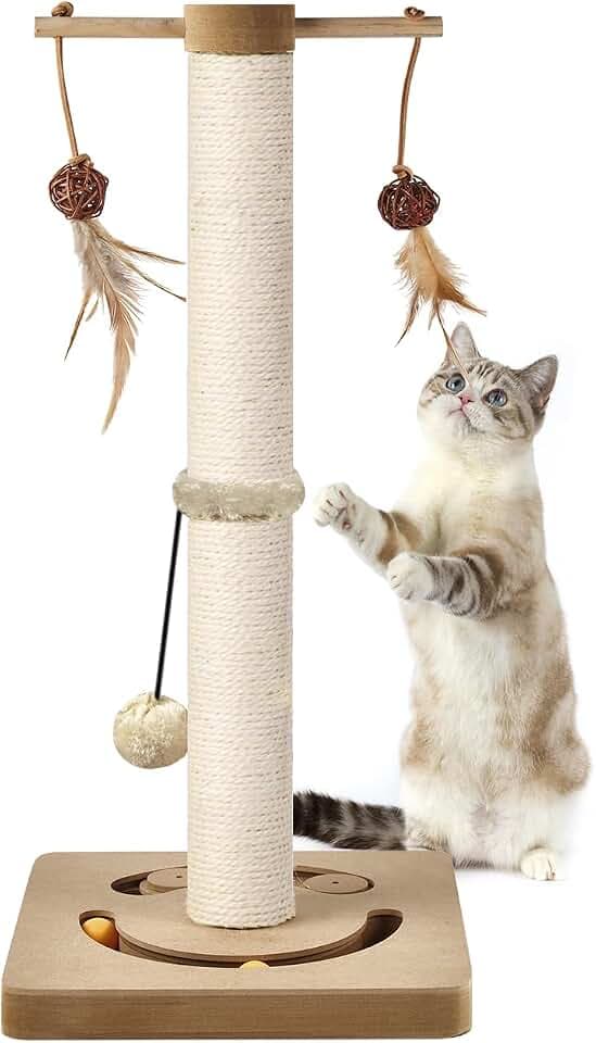 AUSCAT Kratzsäule für Katzen, Kratzbaum mit Verschiedenen Interaktiven Spielzeug, Kratzstamm mit Natürlichem Sisalseil in Modernem Design- 63cm Beige