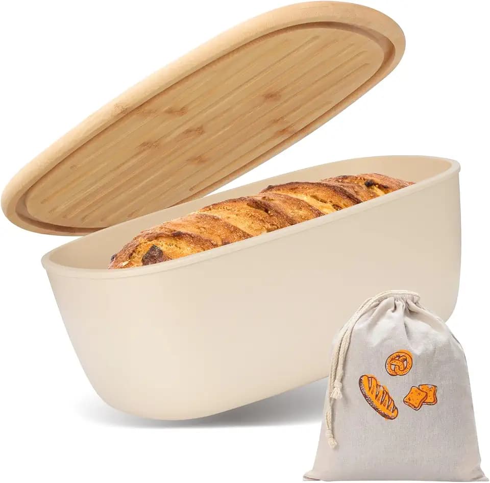 VINATO Brotkasten mit Schneidebrett, 37x22,5x14cm (6L), Brotdose mit hochwertigem Bambusdeckel & Brotsack aus Leinen, Brotkorb groß für langanhaltende Frische