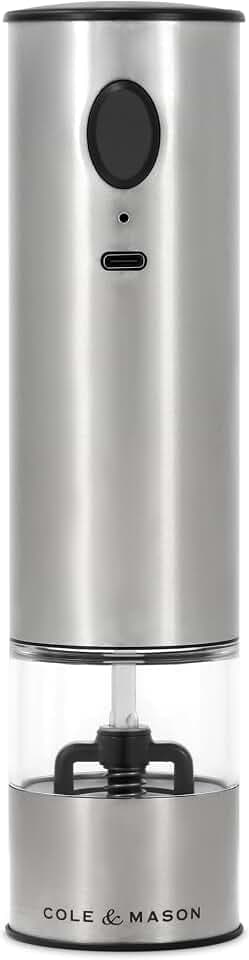 Cole & Mason Battersea 8" USB-C Rechargeable Electric Salt & Pepper Mill, Adjustable Ceramic Grinder, Stainless Steel & Acrylic, One-Hand Push Button Operation