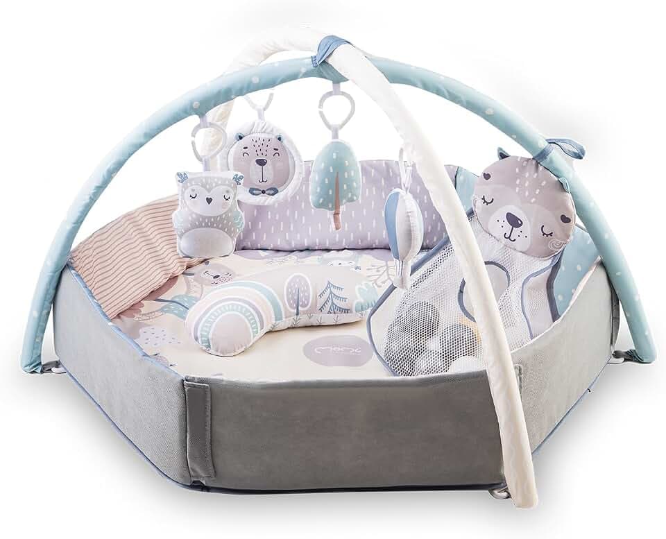 MoMi PASTEL Spielbogen mit Krabbelmatte 3-in-1 für Babys ab der Geburt, sensorische Aktivitätsmatte mit 2 Bogen, Bällchen-Bad, 5 Spielzeugen, 20 Bällchen mit Tasche, Krabbelkissen
