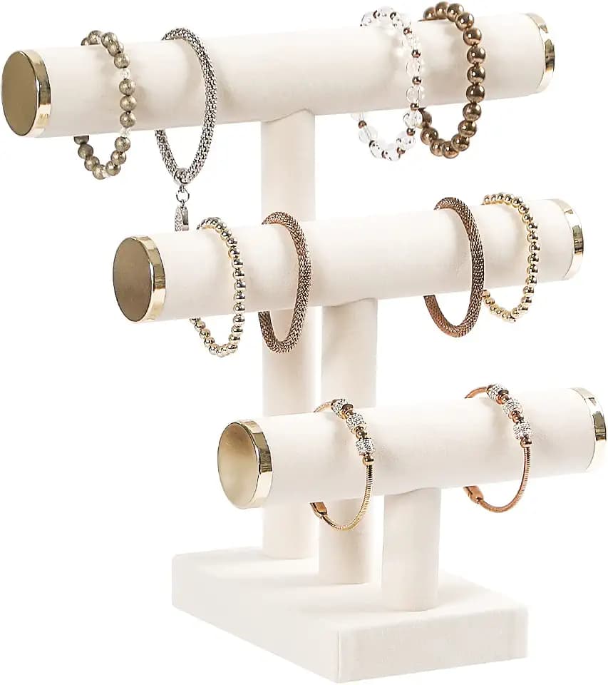 3 Etagen Armband Halter, Armband Display Stand mit Metallkappe, Beige Weiß Samt Schmuck Organizer Displays für Halskette