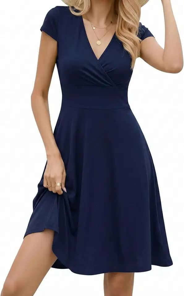 Zeagoo Damen Sommerkleid V Ausschnitt Kurzarm Kleid Knielang Wickelkleid