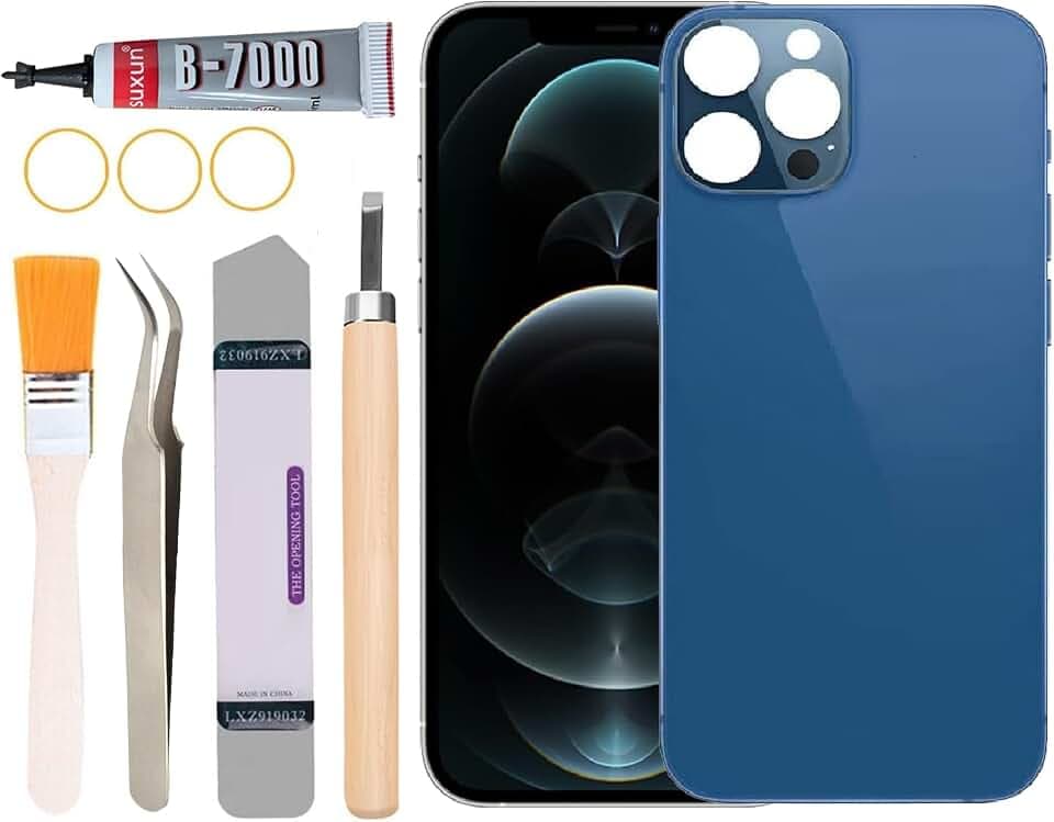 Back Glass Replacement for iPhone 12 Pro Max All Carriers with Professional Repair Tool Kit (Blue)