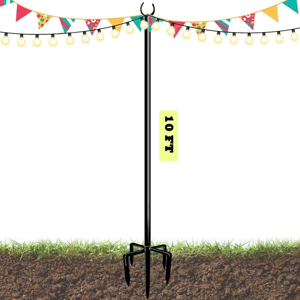 10ft String Light Poles for Outdoors, Outside Light Poles with 5-Prong Base, Suit for Garden, Backyard, Patio, Outdoor Lighting, Matte Black, 1 Pack