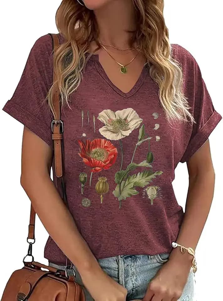 PUCKOLITY Vintage Flowers V Neck Shirt for Women Boho Floral Wildflowers Graphic Tee Casual Cottagecore Summer T Shirt