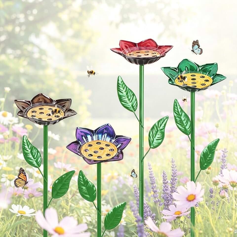 4 Pack Bee Watering Station, Colorful Metal Flower Bee Bath for Garden