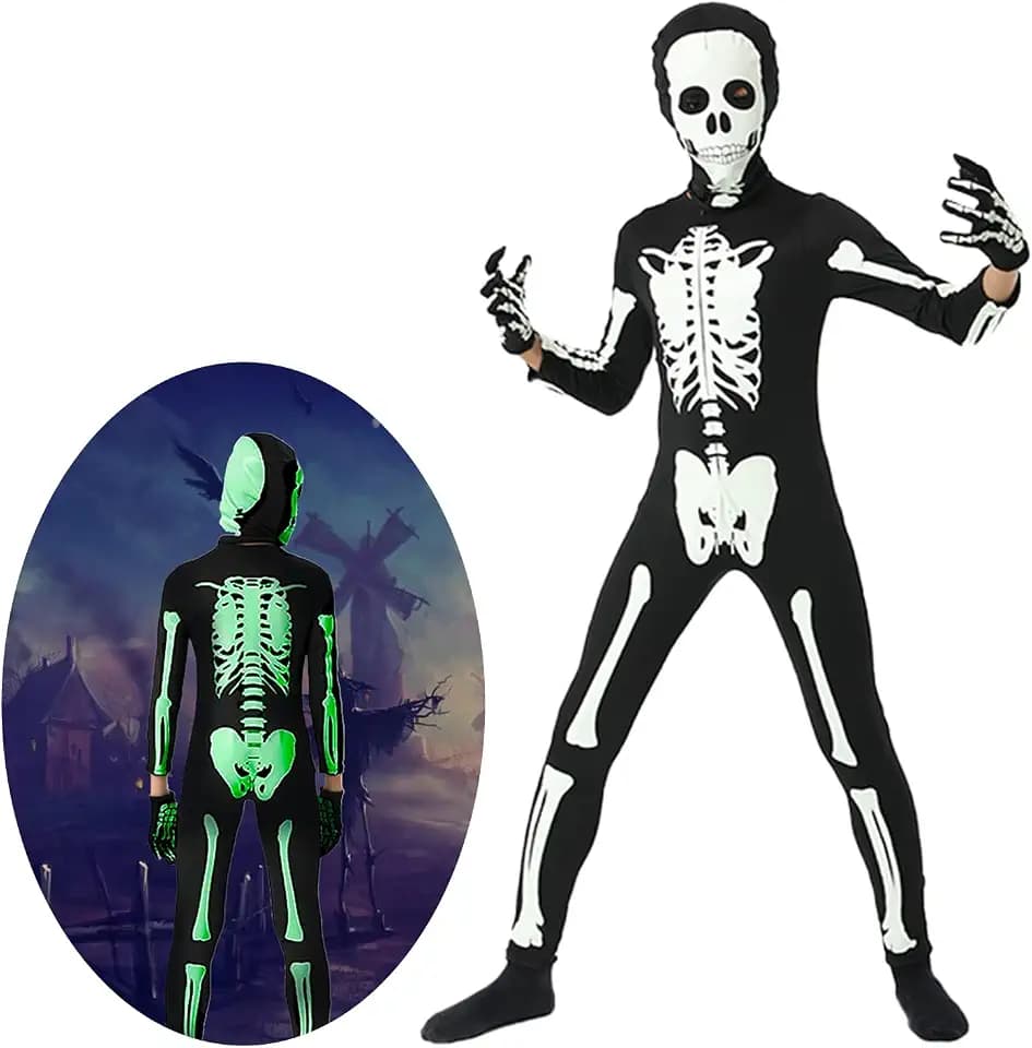 Cupohus Halloween Costume Glow in Dark, Skeleton Costume Bodysuit Jumpsuit - Halloween Outfits, Unisex, Kids
