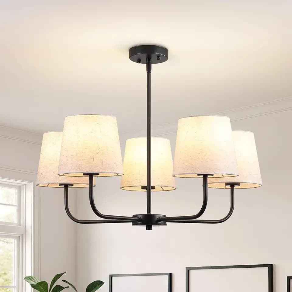 Farmhouse Chandelier, 5-Light Black Linear Pendant Light with Fabric Shade, Height Adjustable Modern Dining Room Island Light Fixture Over Table for Kitchen Bedroom Living Entryway Foyer Hall