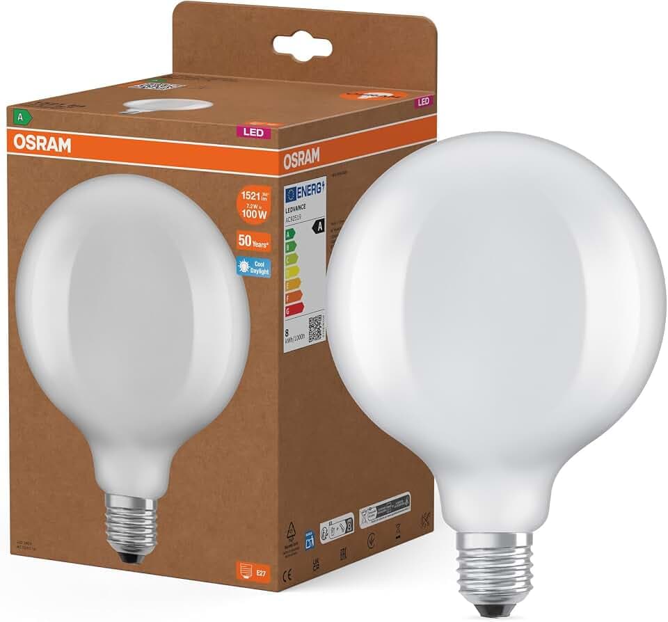 Osram LED-Lampe in klassischer Kolbenform, mit dekorativem LED-Filament im Frosted Design, Energieeffizienzklasse A, E27, 11.6 W, 2452 lm, 4000 K, kaltweiß. Ohne Aufwärmen, sofort 100% Licht.