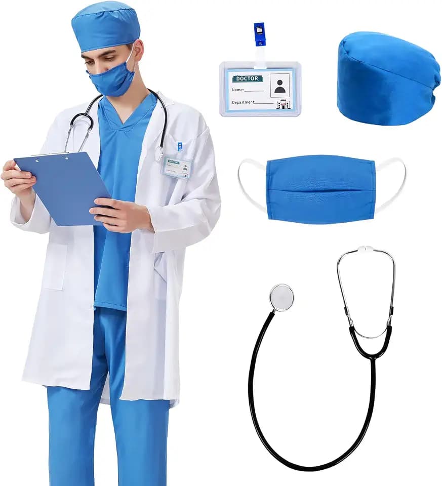 Charmofun Arzt Kostüm für Erwachsene, Arzt Kostüm Karneval, Chirurg Arztkittel, Doktor Kostüme Inklusive Stethoskop und Arztausweis, Doktorkostüm Chirurgen Fasching Karneval