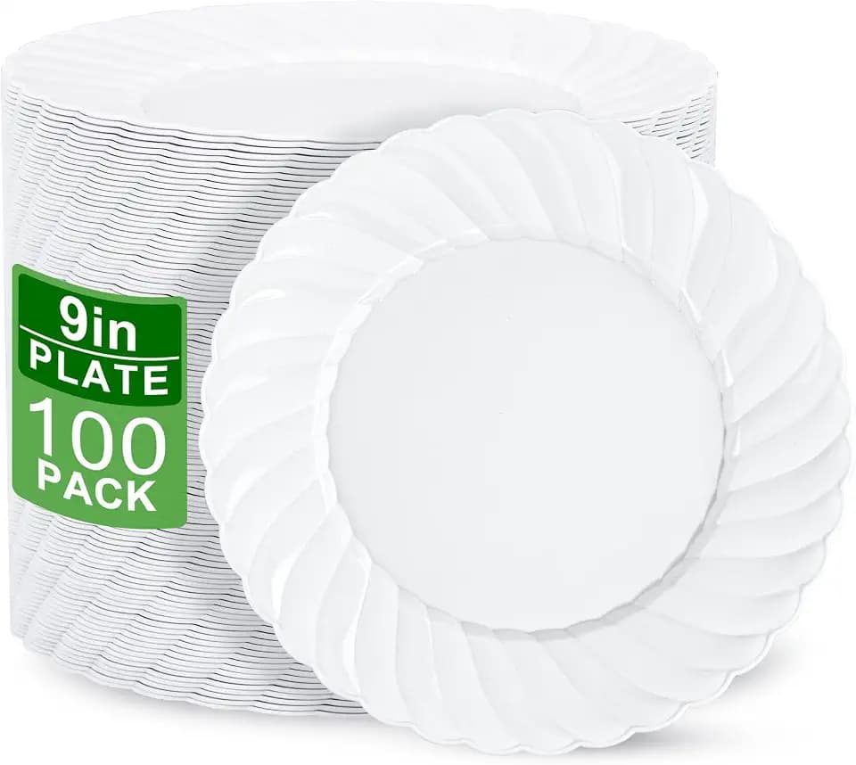 U-QE 100 Pieces White Plastic Plates - 9 Inch White Disposable Plates