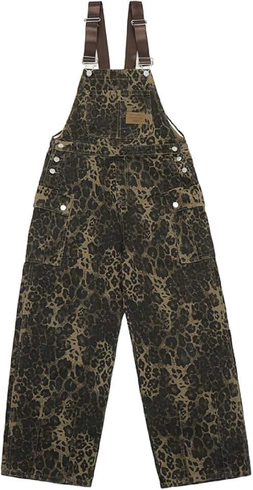 COOLMONAR Women's Y2K Leopard Print Jeans Overalls Baggy Wide Leg Jumpsuit