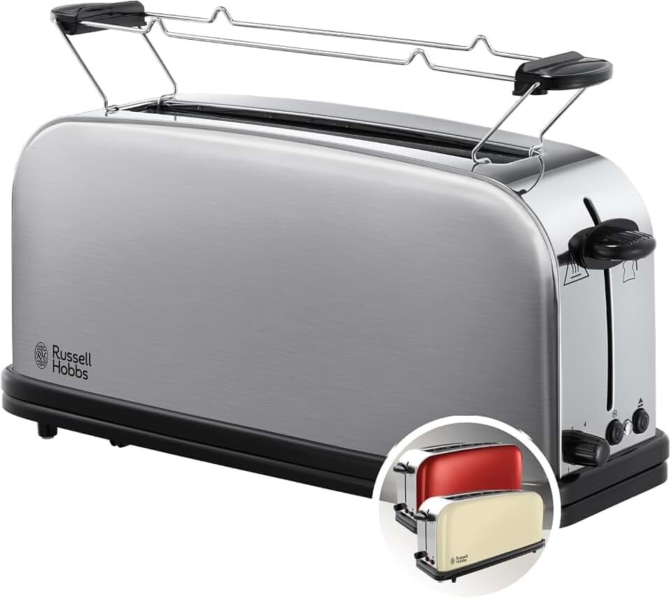 Russell Hobbs Toaster [Langschlitz für 2 Scheiben / 1 breite Brotscheibe] Adventure Edelstahl (extra breiter Toastschlitz, inkl. Brötchenaufsatz, 6 Bräunungsstufen + Auftaufunktion, 1000W) 21396-56