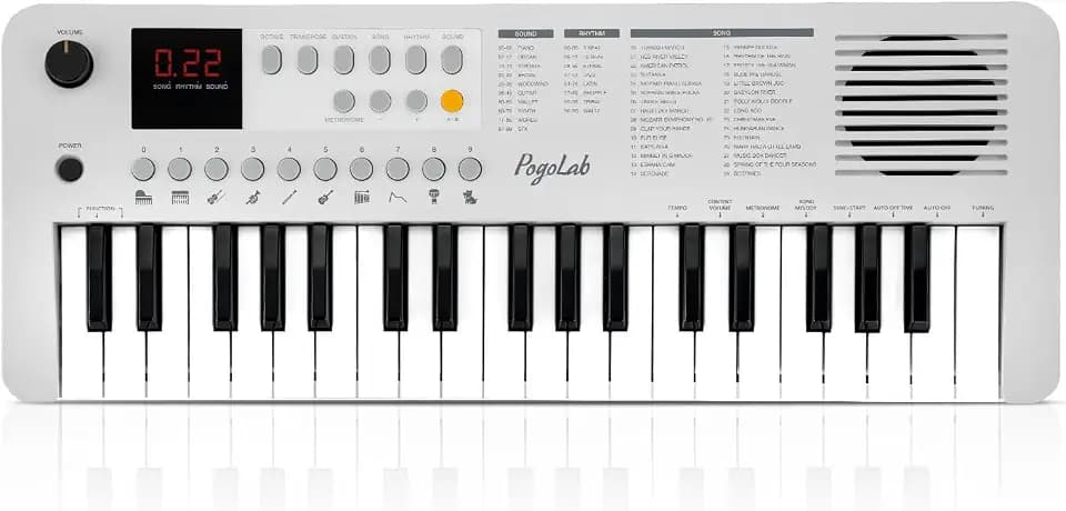 POGOLAB MK1 37 Keys Kids Keyboard Piano, Mini Portable Multi-Function Piano with Excellent Sound Quality, Built-In Speaker & LED Display, Small Electric Music Keyboard Gift for Beginners (White)