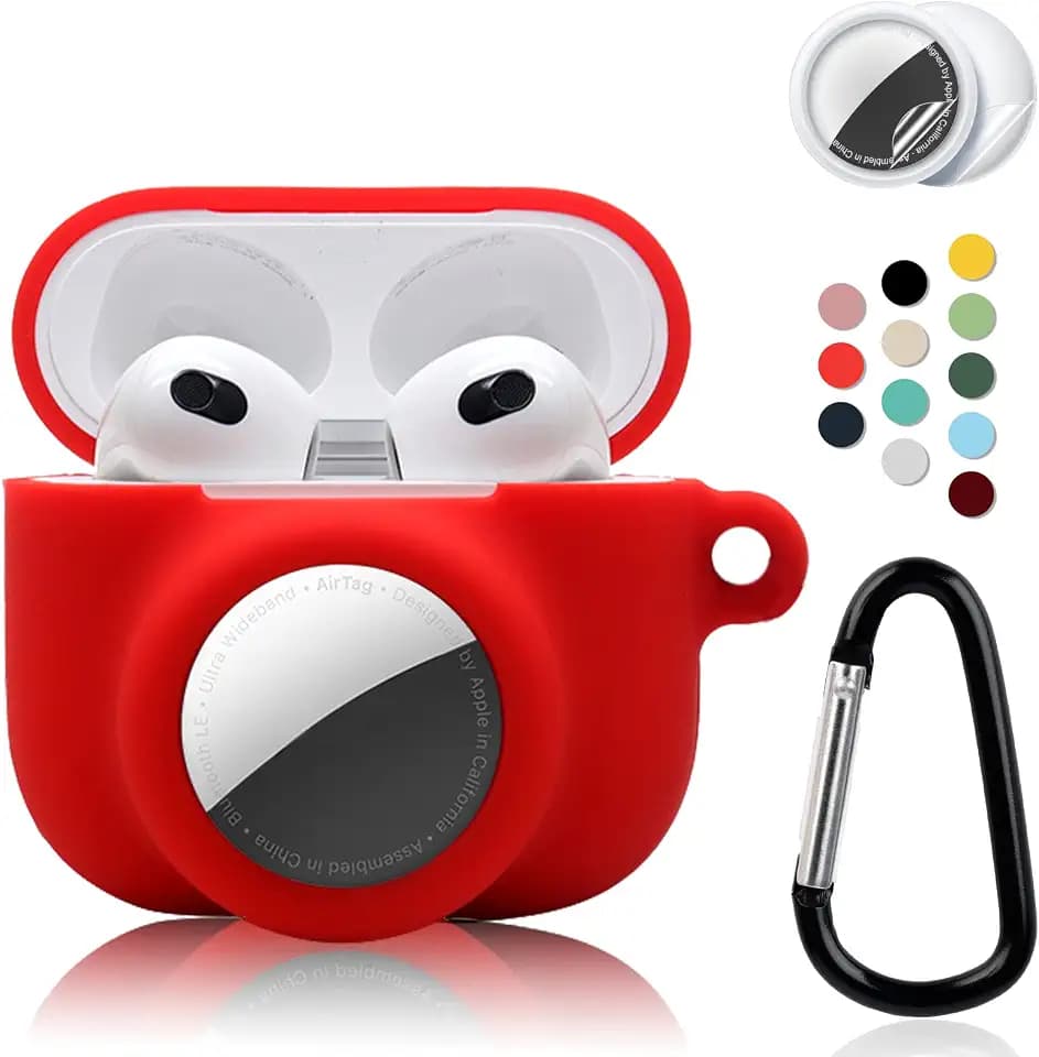 2 in 1 Protective Case Combo Set Compatible for Apple AirPods 3(2021) AirTag, GPS Tracker Holder with 2 PCS TPU Screen Protector&Keychain, Soft Silicone Anti-Lost Anti-Scratch Skin Cover(Red)