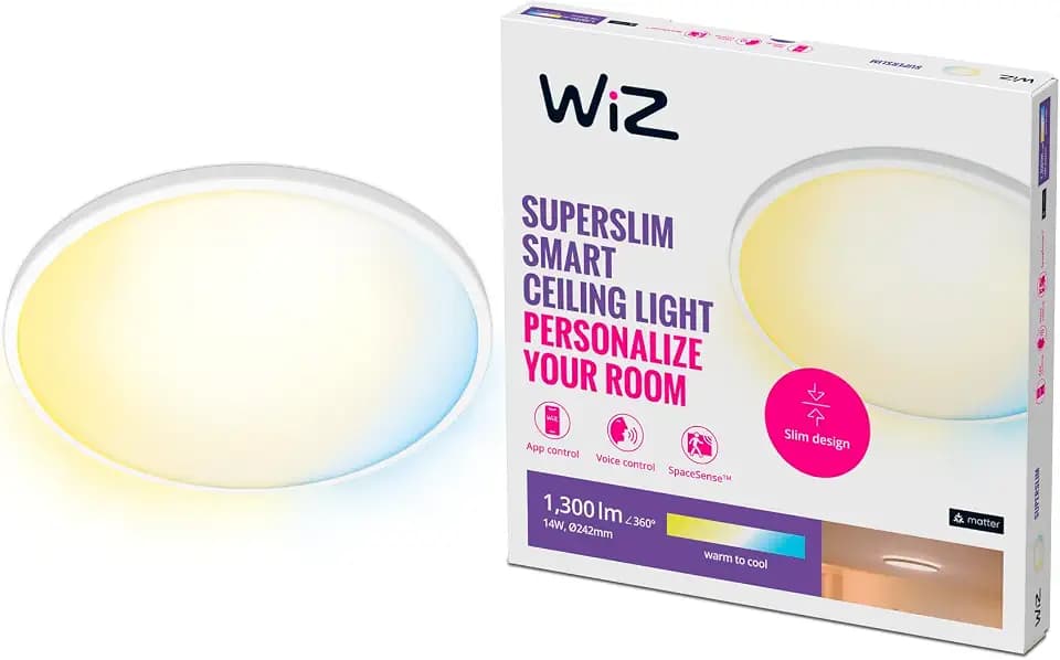 WiZ Tunable White Superslim Deckenleuchte (1.300 lm), Ø242 mm, LED Leuchte mit warm- bis kaltweißem dimmbarem Licht, smarte Lichtsteuerung über WLAN per Stimme/App, weiß