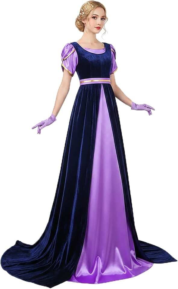 Women's Regency Empire Waist Dress Floor Length Gown with Gloves Period Drama Costume for Ball Tea Party