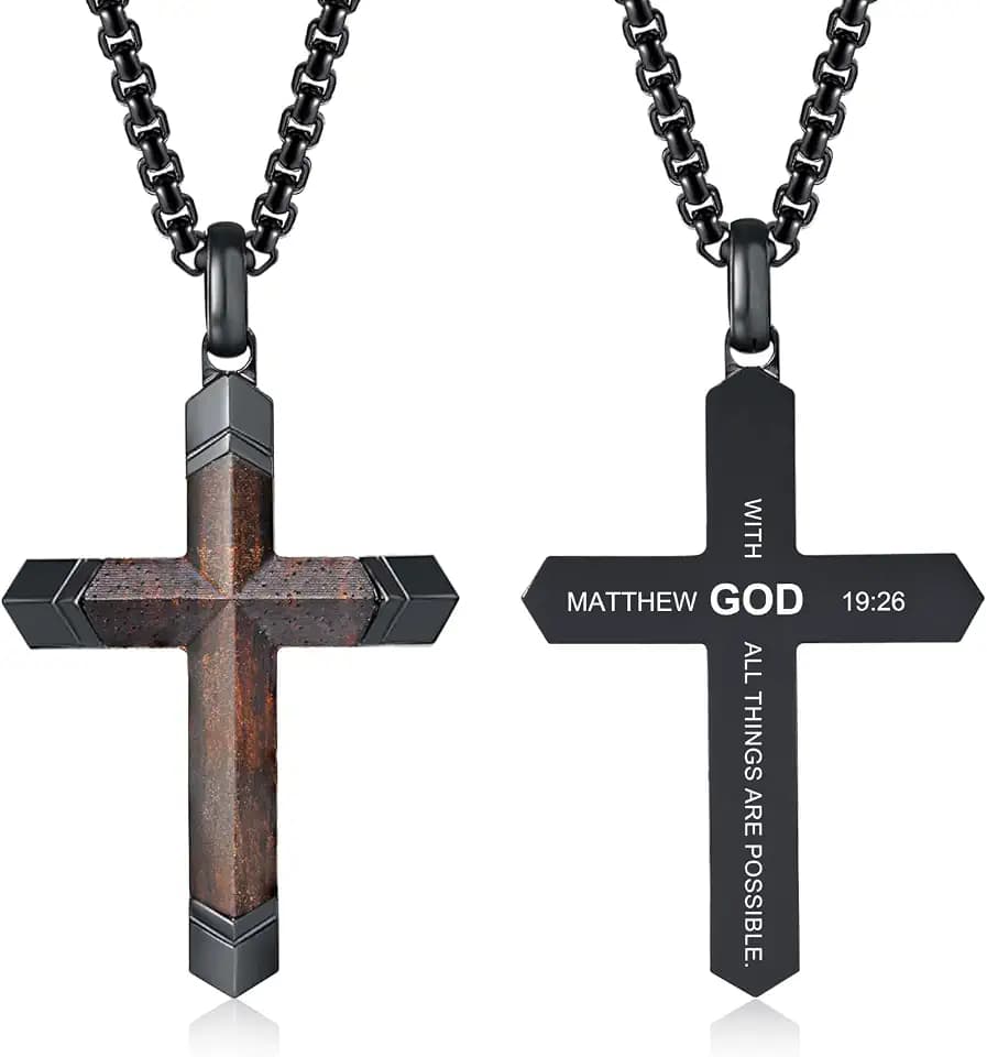 FLHEART Wooden Cross Bible Verse Necklace for Men, Hawaiian Handmade Real Black Ebony Wood Cross Pendant Stainless Steel Chain, Mens Cross Necklaces Koa Wood Jewelry Christian Baptism Easter Gifts