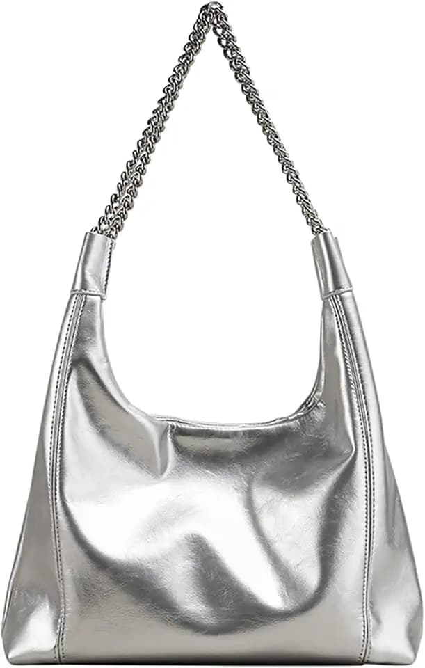 Ladies Silver PU Leather Tote Bags Leather Bucket Hobo Bags Metallic Shoulder Bags Large Fashion Hobo Purse