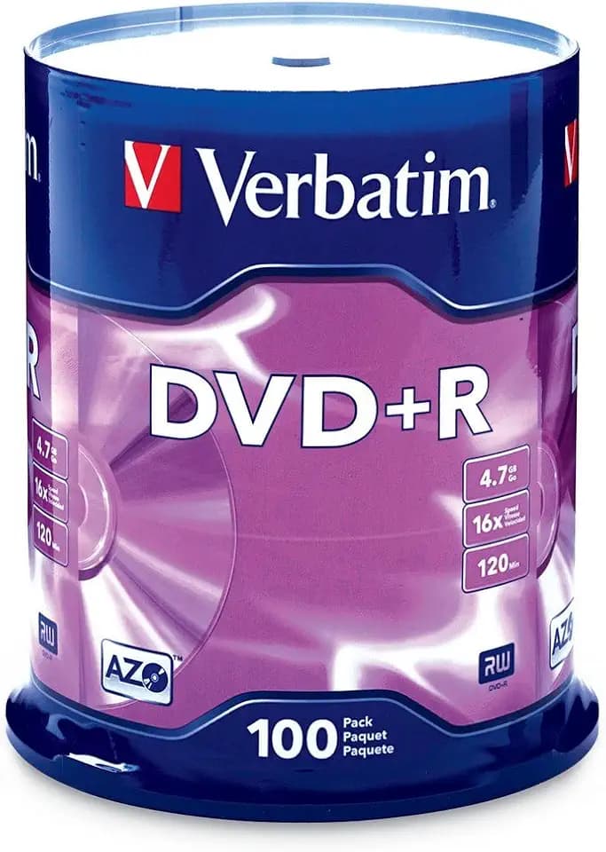 Verbatim DVD+R 4.7GB 16X Recordable Discs with AZO Dye, 100 Pack