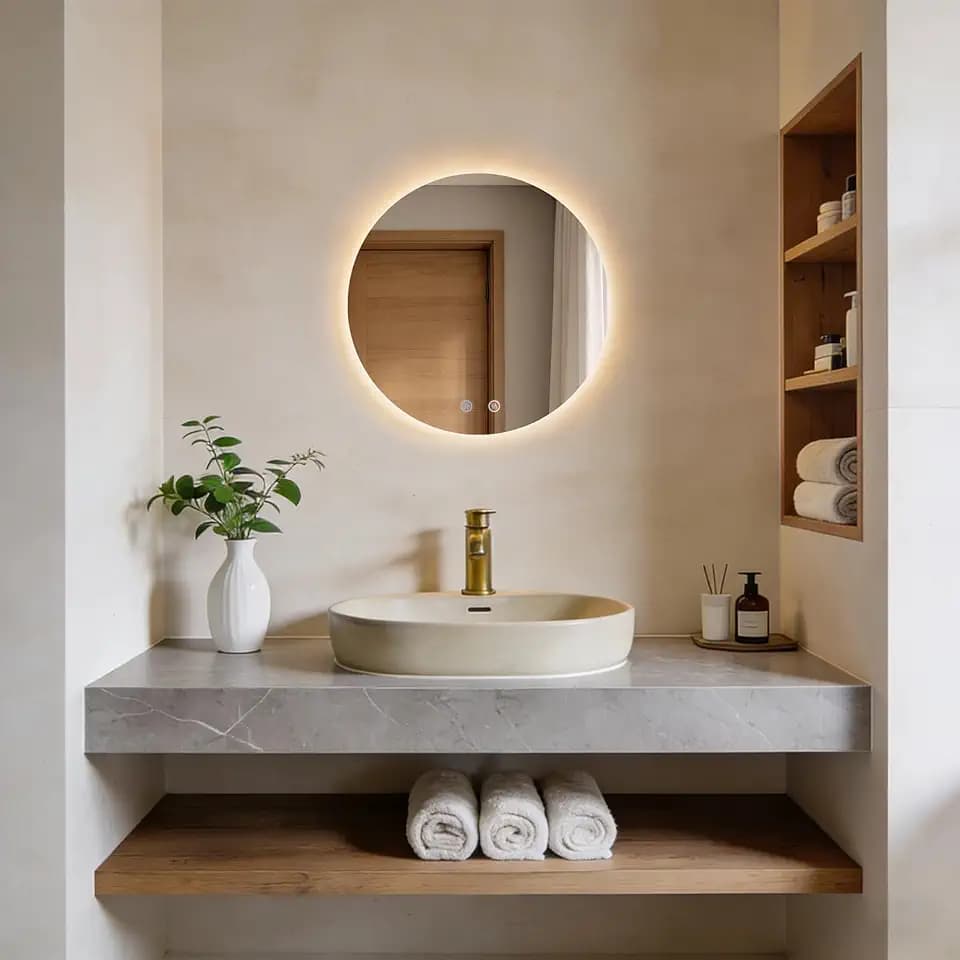 Badspiegel mit Beleuchtung Rund, Wandmontage, Touch-Schalter, LED Spiegel mit 3 Lichtfarben Dimmbar, Memory-Funktion, Beschlagfrei, LED Wandspiegel 50x50 cm (NHYJ502D)