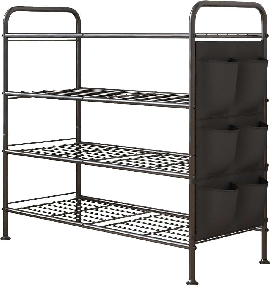 Schuhregal 4 Ebenen Schuhaufbewahrung Organizer Metall mit Seitentaschen für Flur, Schlafzimmer (Schwarz, 4 Ebenen)