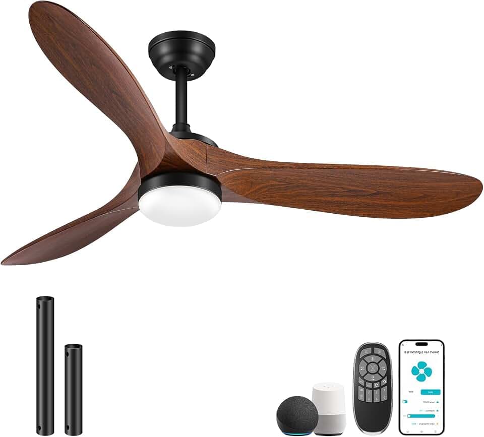 Baotree 52" Smart Low Profile Ceiling Fans with Lights and Remote, Flush Mount Ceiling Fan Control with WIFI/APP/Alexa/Google, Outdoor Indoor Walnut Ceiling Fan with Light for Bedroom Living Room