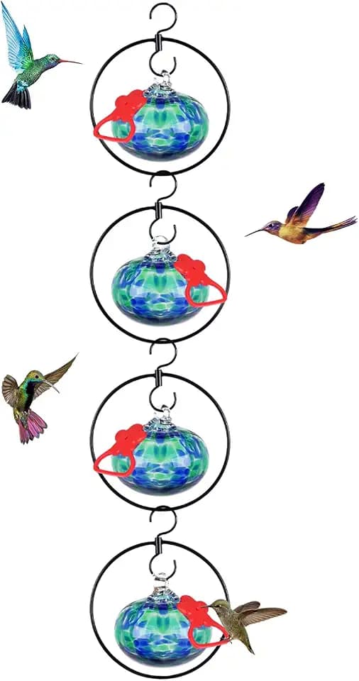 Headak Life 4 Pack Circular Hummingbird feeders for Outdoors Hanging,Hand Blown Glass Hummingbird Feeder with 4 Adjustable Silicone Perch,Never Leak,Gardening Gifts for Woman Man(Dotted Blue)