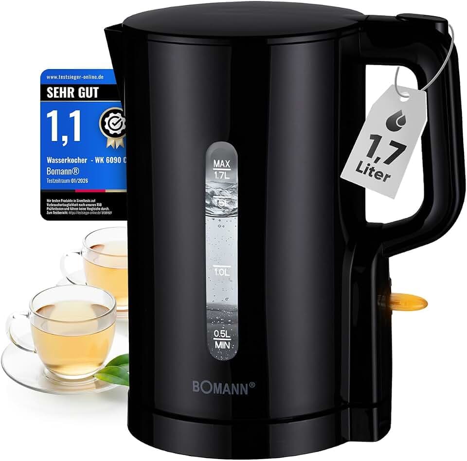 Bomann Wasserkocher 1,7L | 2200W für schnelles Erhitzen | BPA frei | Einhandbedienung | Wasserstandsanzeige | Kettle | Überhitzungsschutz | WK 6090 CB schwarz