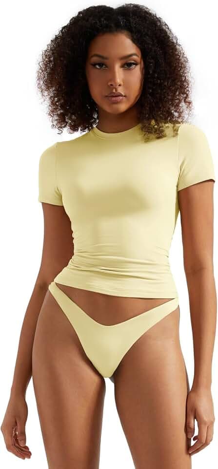 SUUKSESS Women Double Lined Fitted Basic Tee Crew Neck Short Sleeve Y2K Crop Top