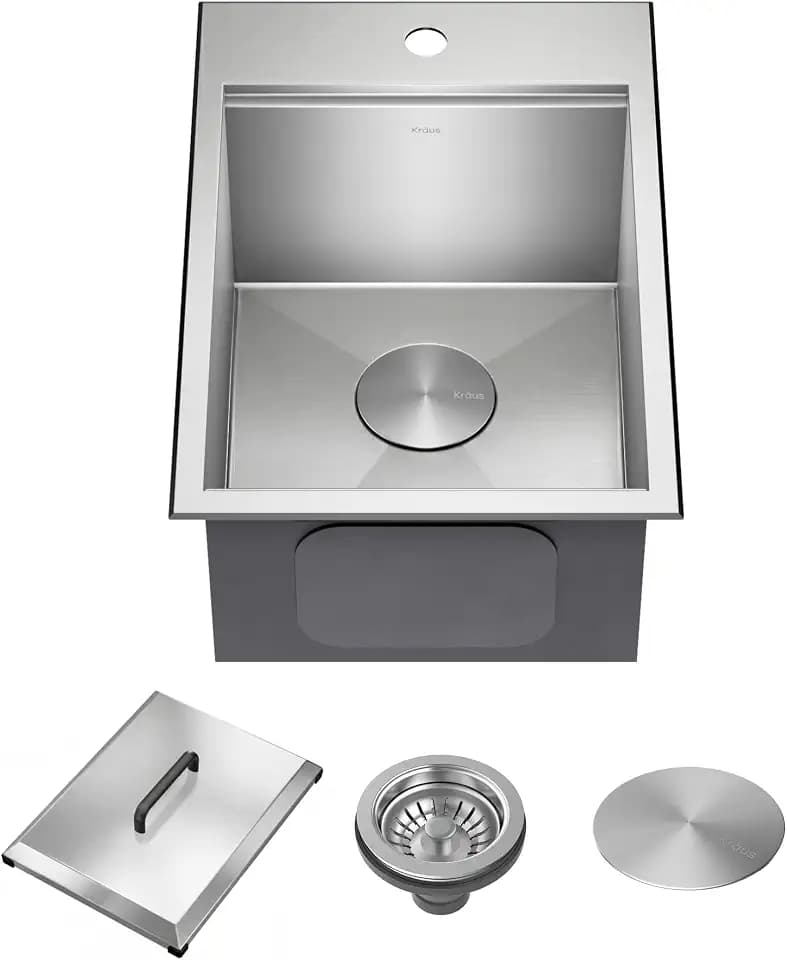 KRAUS Kore 15-inch Outdoor Drop In/Top Mount 16-Gauge Marine Grade T-316 Stainless Steel Single Bowl Workstation Kitchen Sink with Outdoor Sink Cover, KCA-1801