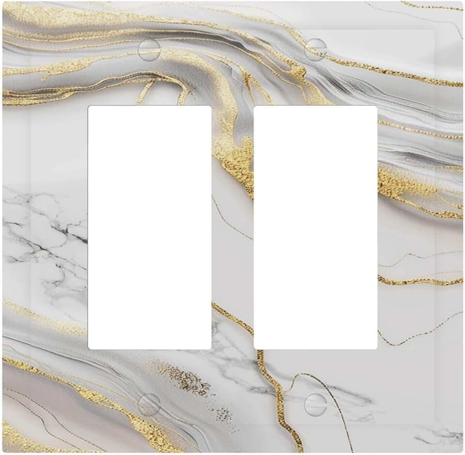Decorative Outlet Covers White Marble Gold Glitter Veins Pattern 2 Gang Double Rocker Light Switch Cover Plate Electrical Switch Plate Cover Decorate GFCI Wall Plate for Home living Room Decor