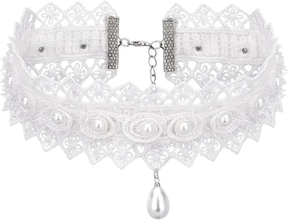 White Lace Choker Necklace for Women, Beaded Wedding Choker