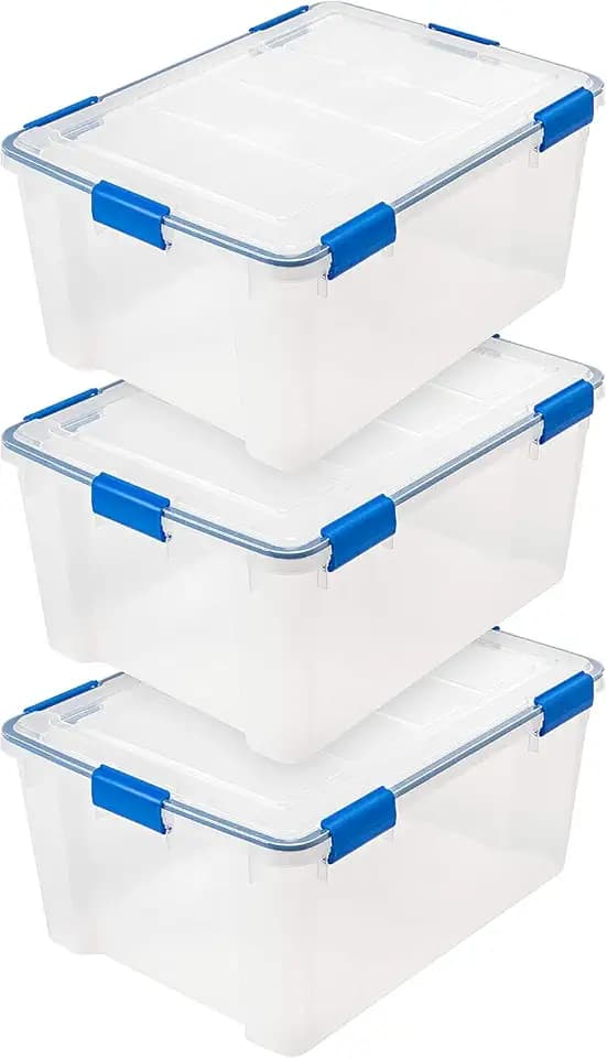 IRIS USA 3-Pack 60 Qt Storage Bins with Gasket Lids, Clear/Blue