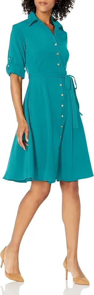 Sharagano Women's Pleated Shirt Dress – 3/4 Sleeve, V-Neck, Gold Buttons