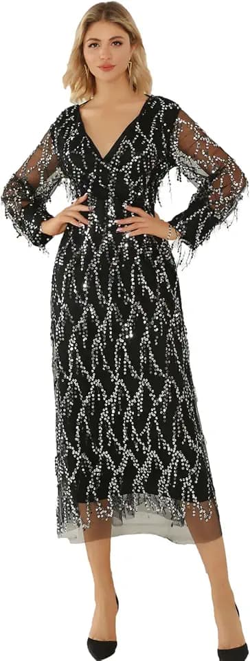 Damen Umkehrbar Elegant V-Ausschnitt Pailletten Quaste Tüllkleid Lange Abendkleid Hochzeitskleid
