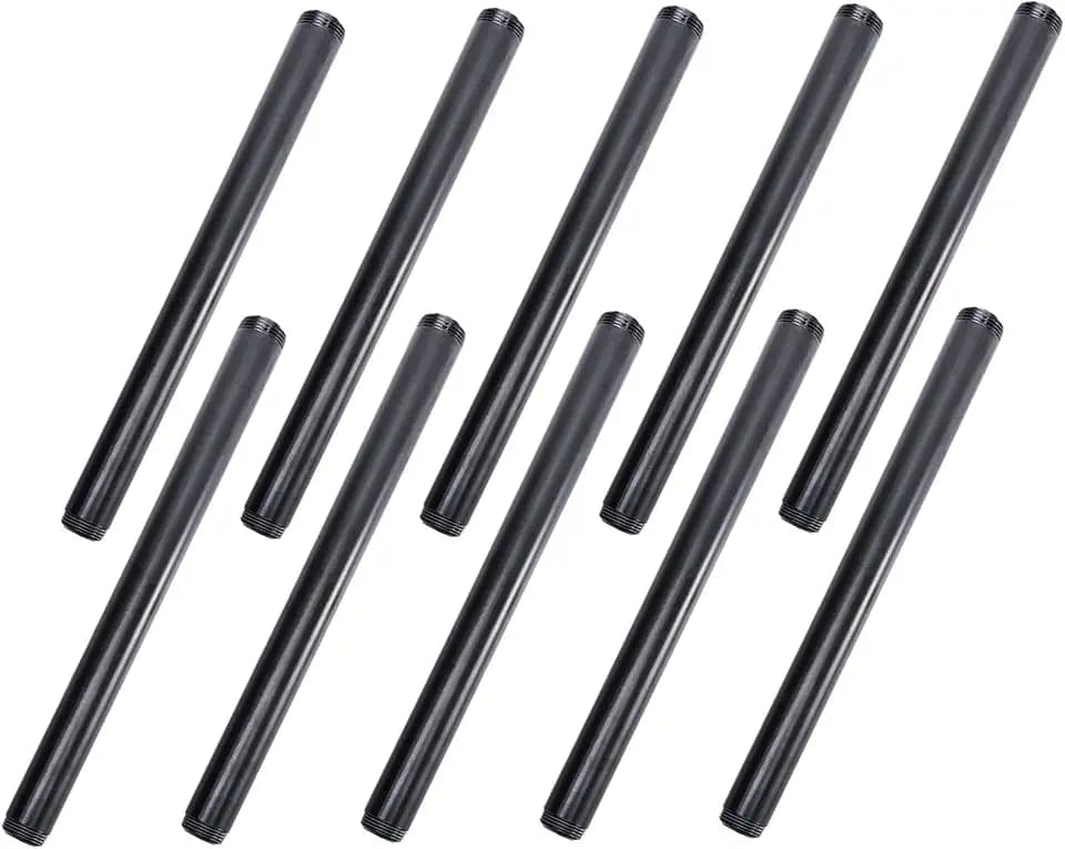 3/4" x 12" Black Painted Iron Pipe, Home TZH 10 Pack Threaded Black Paint Finish Metal Pipe Nipple for DIY Project/Furniture/Shelving Decoration(10, 12")