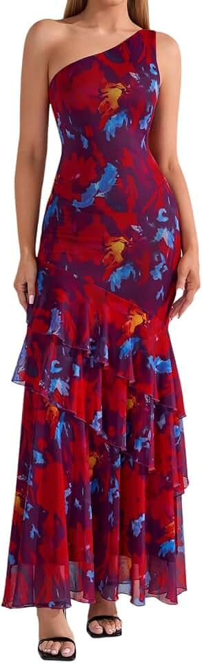 XinFSh Women's Floral Wedding Guest Maxi Dress One Shoulder Ruffle Tiered Bodycon Long Cocktail Party Dresses