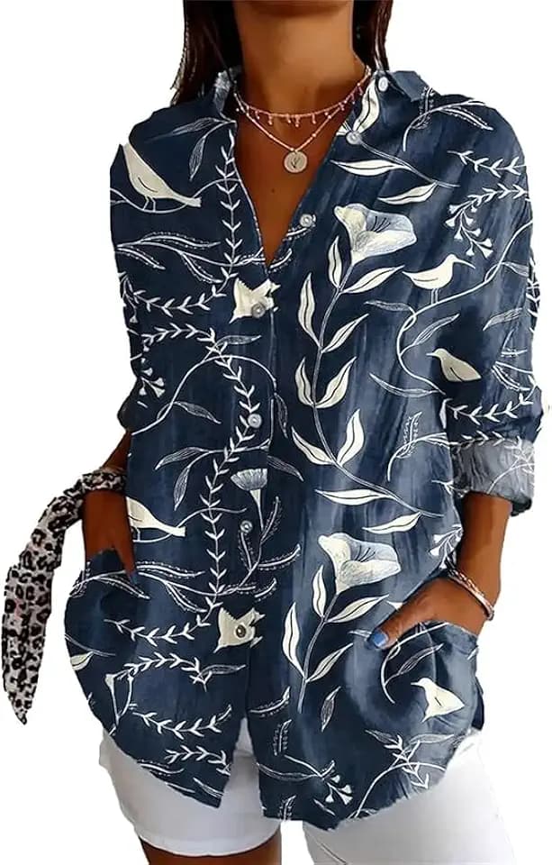 Womens Tops Long Sleeve Button Down Shirt with Floral Print, Hawaiian Blouse for Office, Beach, Vacation