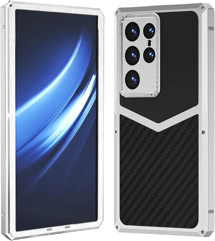HUALIMEI Luxury Carbon Fiber with Aluminum Case for Samsung Galaxy S24 Ultra, Military Shockproof Protective Phone Cover Full Body Heavy Duty Protection for Men Silver