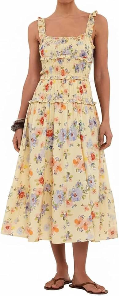 Women Spaghetti Strap Maxi Dress Sleeveless Smocked Summer Dresses Ruffle Tiered Flowy Beach Vacation Sundress
