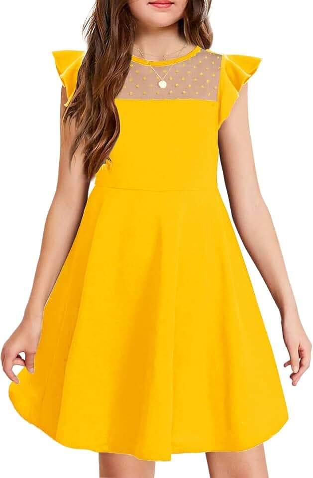 Arshiner Kleid Mädchen Sommer Rüschenärm Mesh A-Linie Festlich Party Kleid