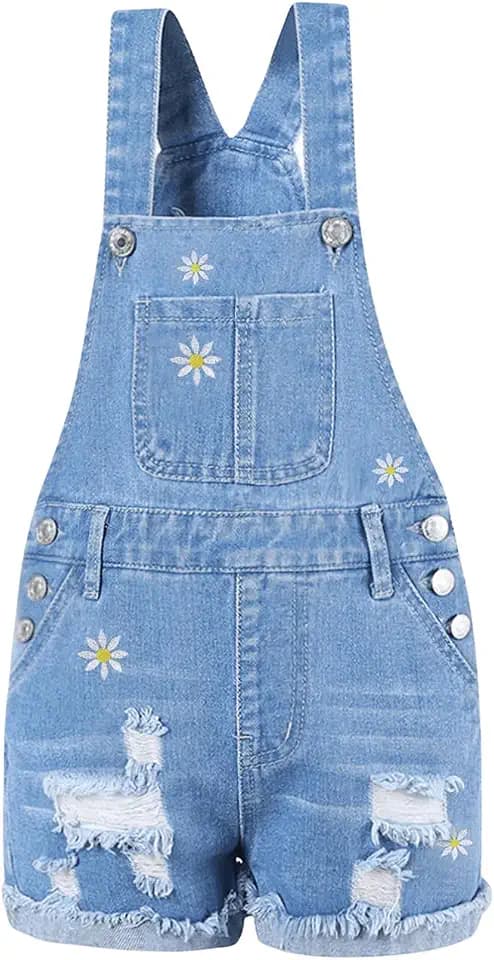 WDIRARA Girl's Floral Embroidered Denim Bib Overall Shorts Ripped Jean Romper with Pockets