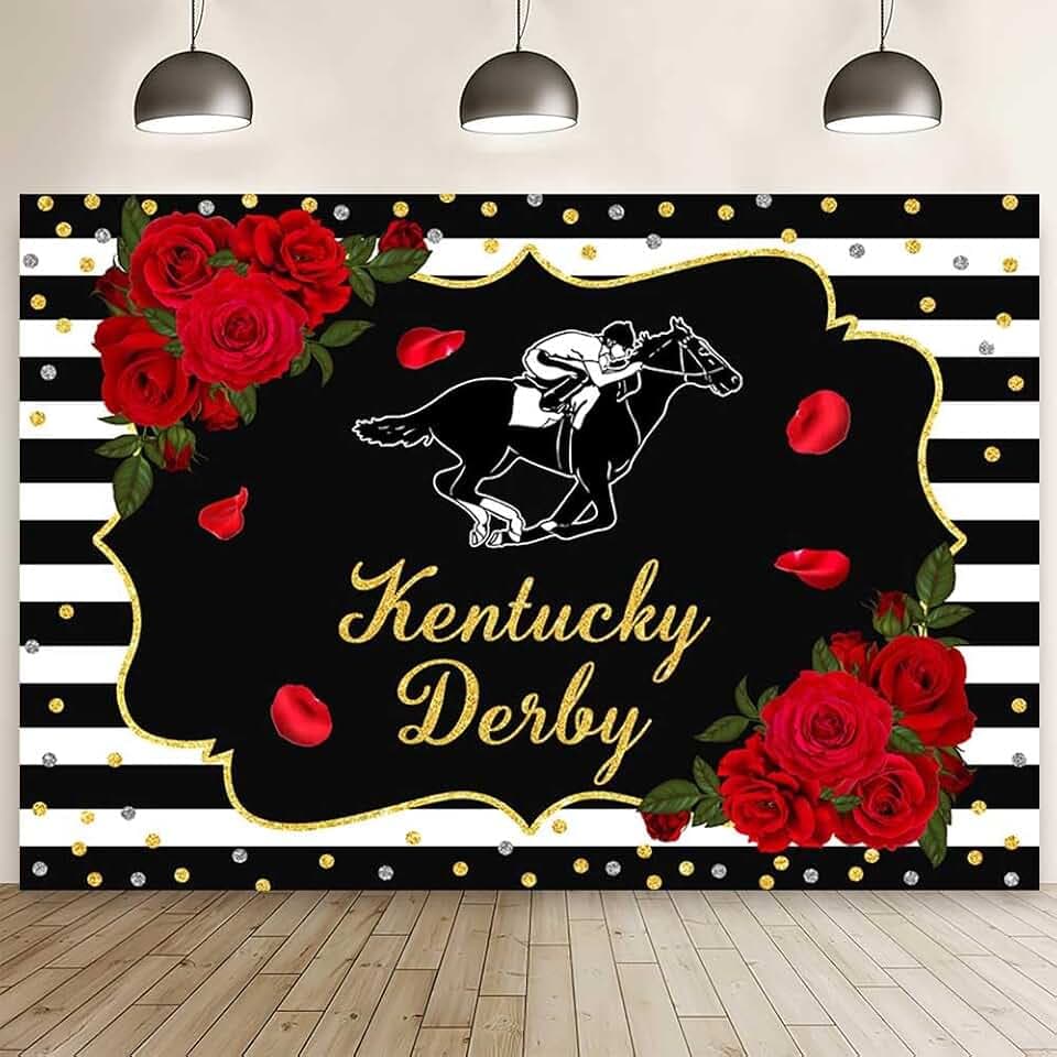 MEHOFOND 7x5ft Kentucky Derby Backdrop Rose Kentucky Derby Photography Background Black White Horse Racing Party Supplies Gold Confetti Roses Horse Equestrian Racetrack Decor Cake Smash Photo Props