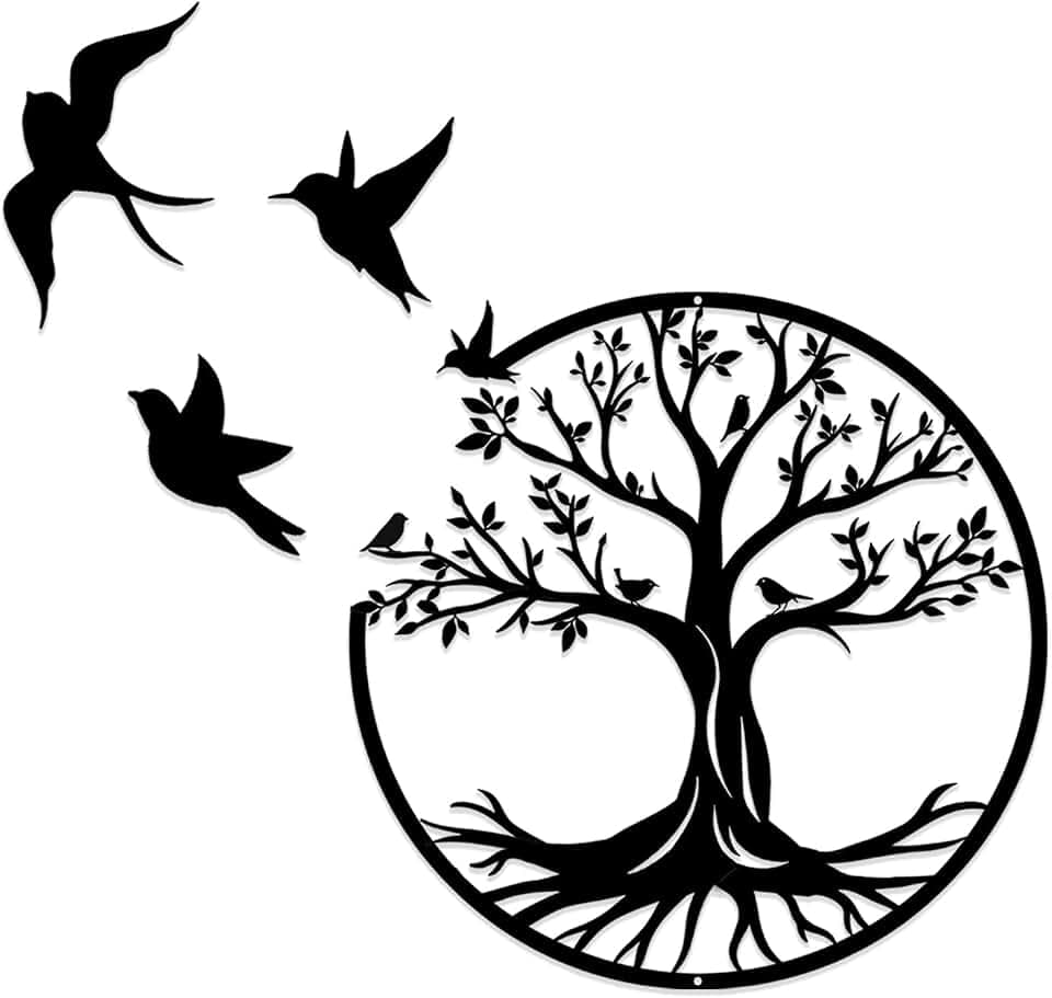 Luccyle Wanddeko aus Metall, Metall Baum des Lebens Wanddekoration Silhouette, Stammbaum mit Vögeln auf Ast, Dekoration für Zuhause, Schlafzimmer, Wohnzimmer, Küche (50CM)