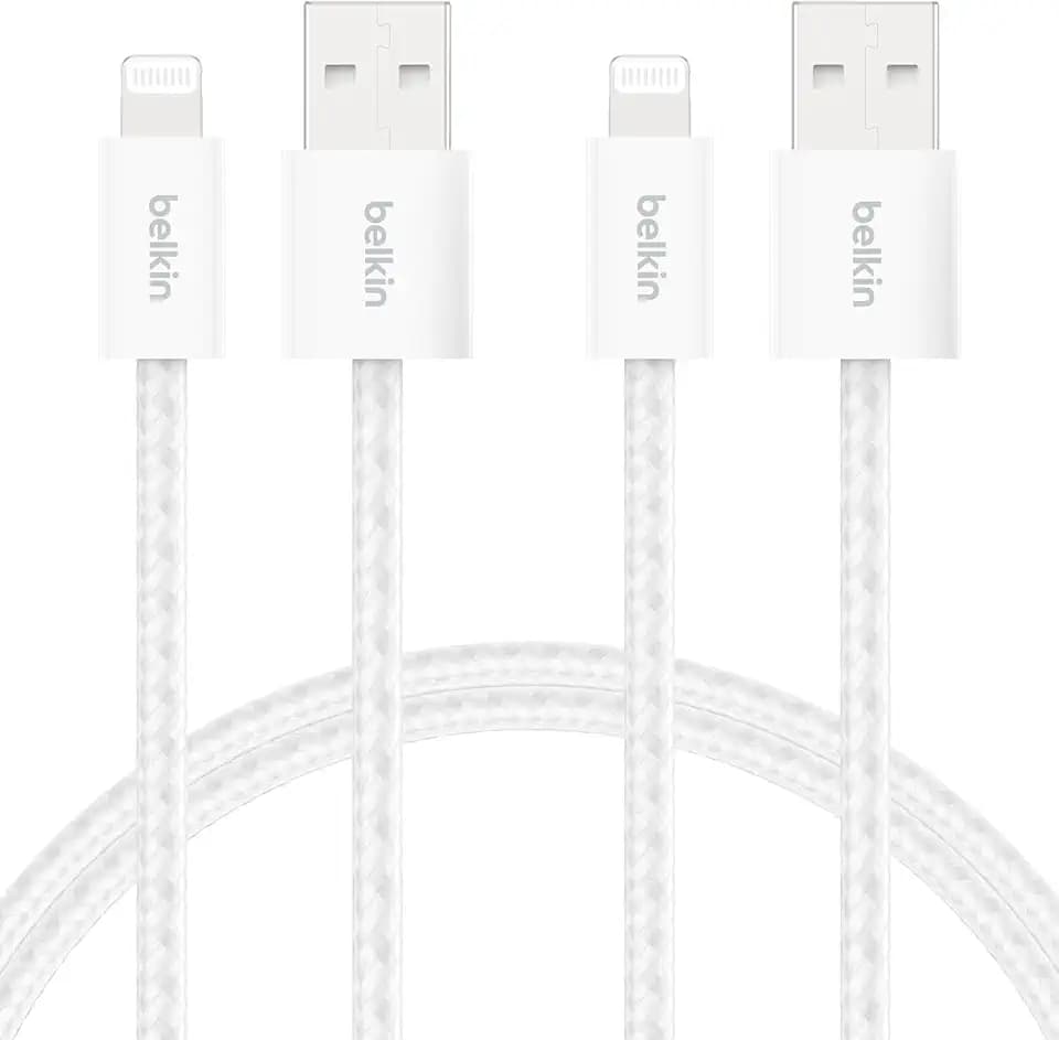 Belkin 2er-Pack geflochtenes USB-A Ladekabel mit Lightning Connector, 1,5 m, flexibles Schnellladekabel, Lightning iPhone kabel für iPhone 14 und ältere Modelle, iPad 9. Gen. und AirPods – Weiß